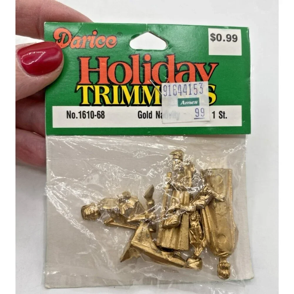 Vintage Miniature Gold Nativity Set Darice Holiday Trimmings NIP Tiny Lot of 2